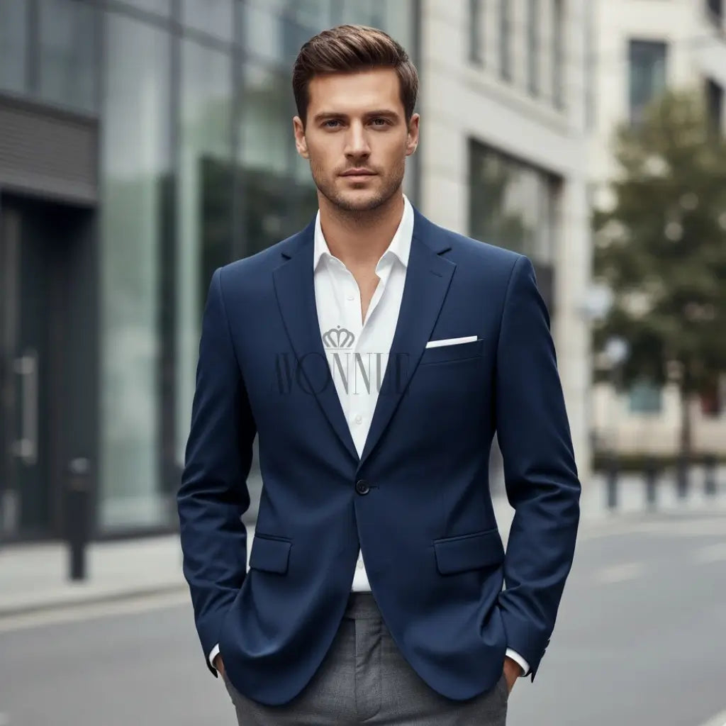 Homem usando blazer masculino azul marinho slim com camisa branca sofisticada