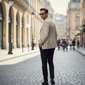 Vista traseira de homem com blazer bege claro slim em passeio urbano sofisticado