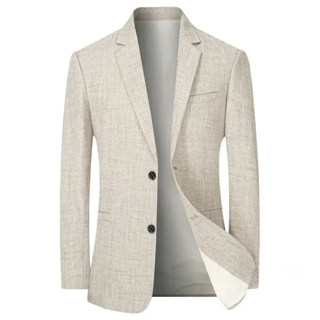 Blazer masculino bege claro slim com dois botões frontais e estrutura ajustada