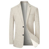 Blazer masculino bege claro slim com dois botões frontais e estrutura ajustada