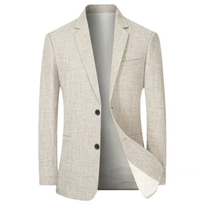 Blazer masculino bege claro slim com dois botões frontais e estrutura ajustada