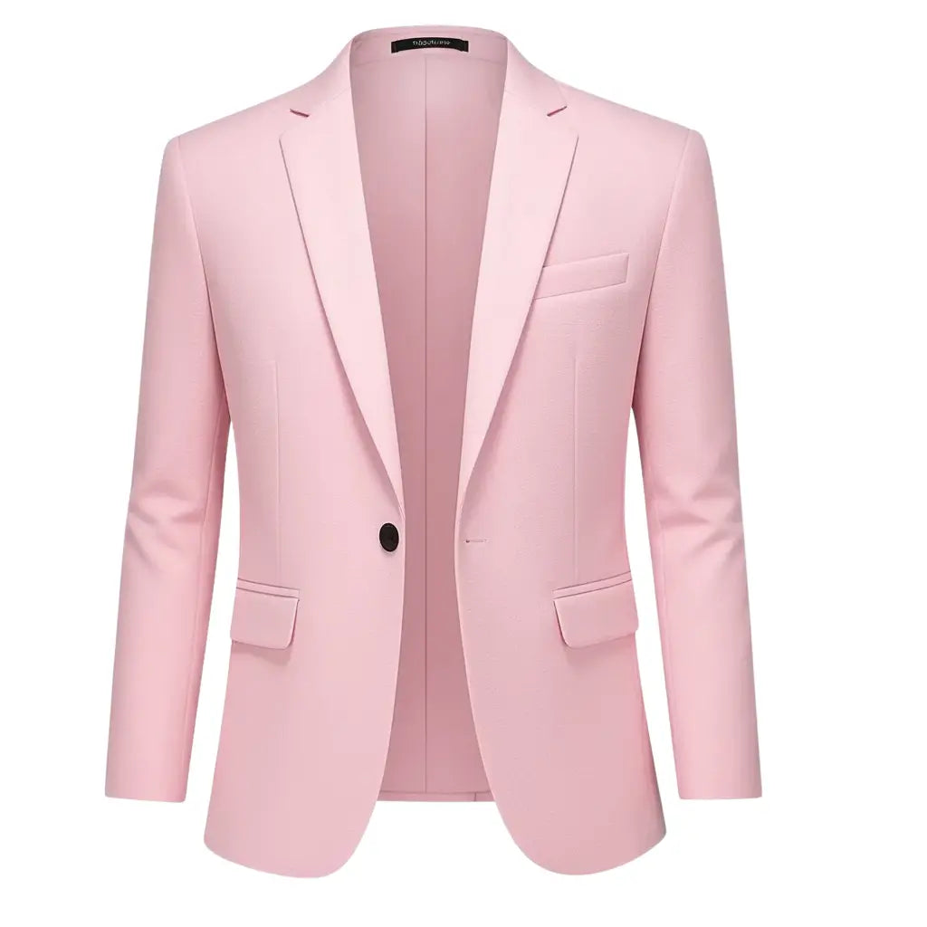 Blazer masculino rosa claro slim com um botão frontal e bolsos estruturados