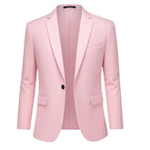 Blazer masculino rosa claro slim com um botão frontal e bolsos estruturados