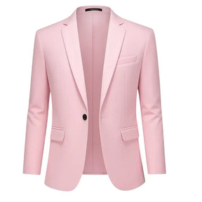 Blazer masculino rosa claro slim com um botão frontal e bolsos estruturados
