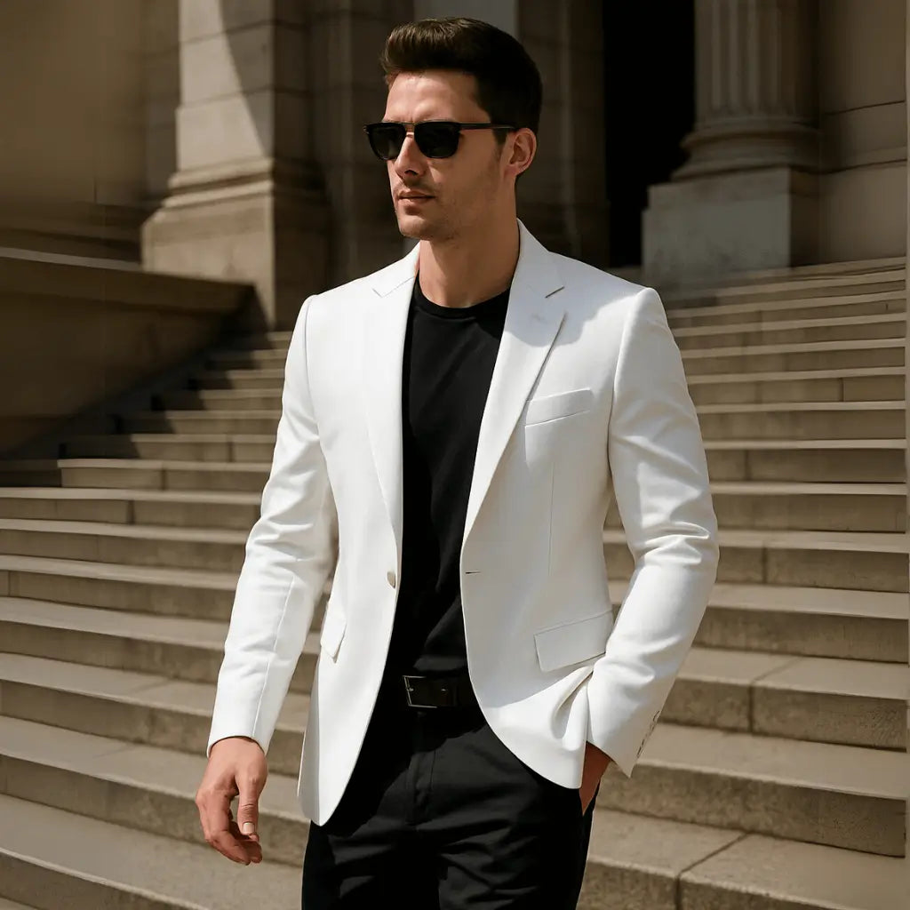 Blazer masculino branco com corte slim, botão único e acabamento interno forrado