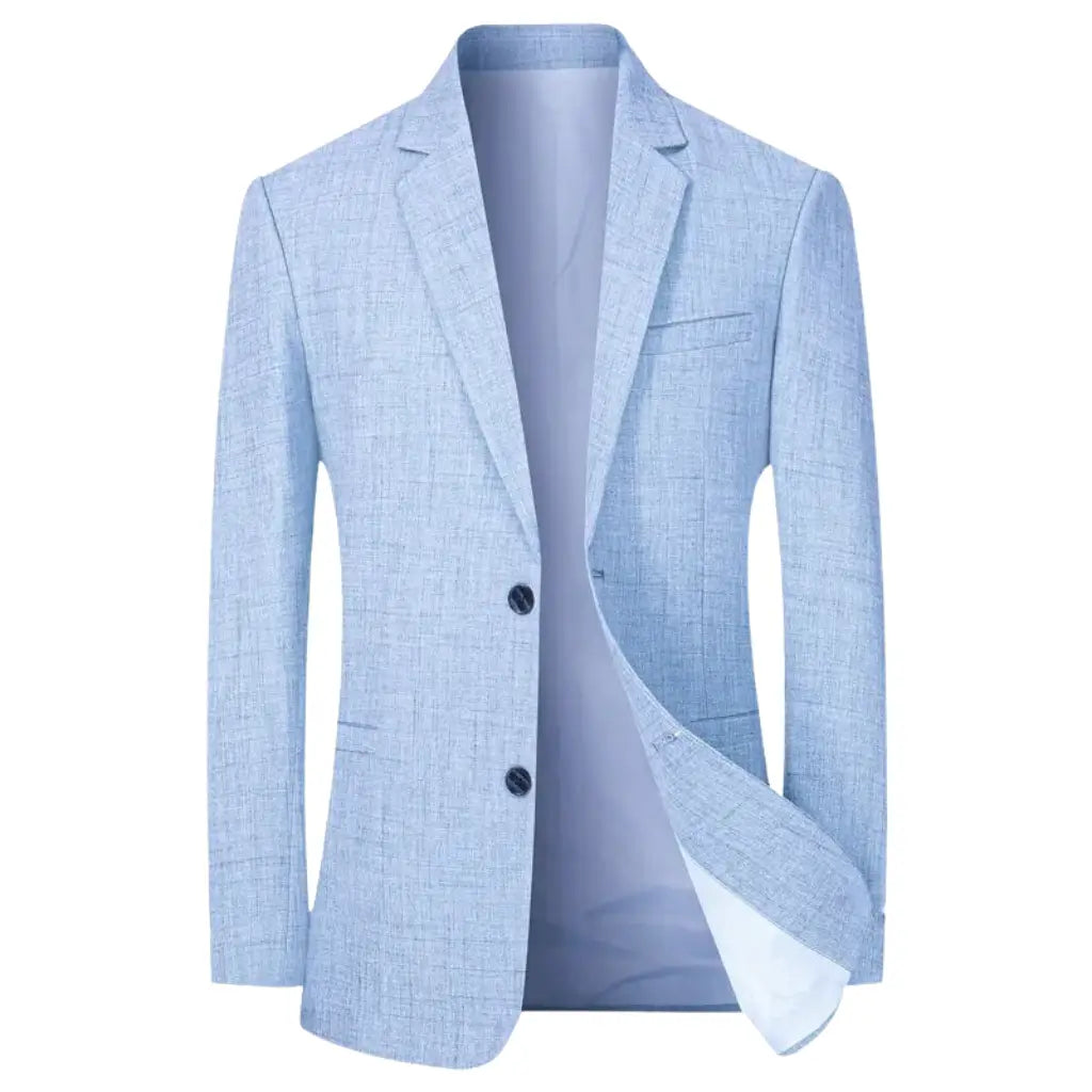 Blazer masculino azul-claro com dois botões frontais e corte slim elegante