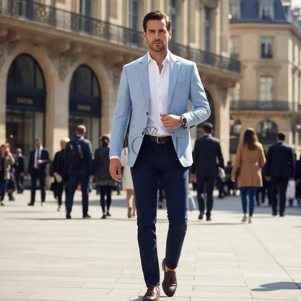 Homem andando em rua elegante usando blazer azul-claro slim com camisa branca