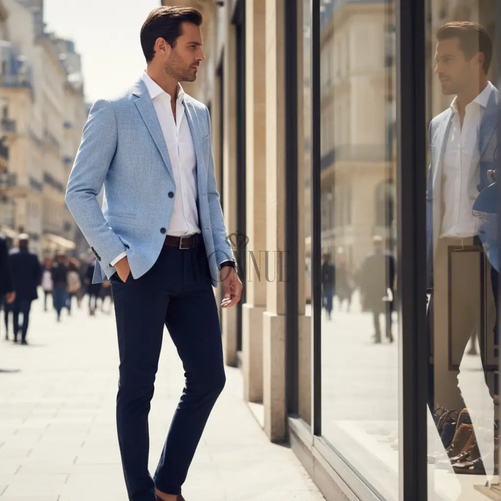 Homem vestindo blazer azul-claro com corte ajustado, olhando vitrine na rua
