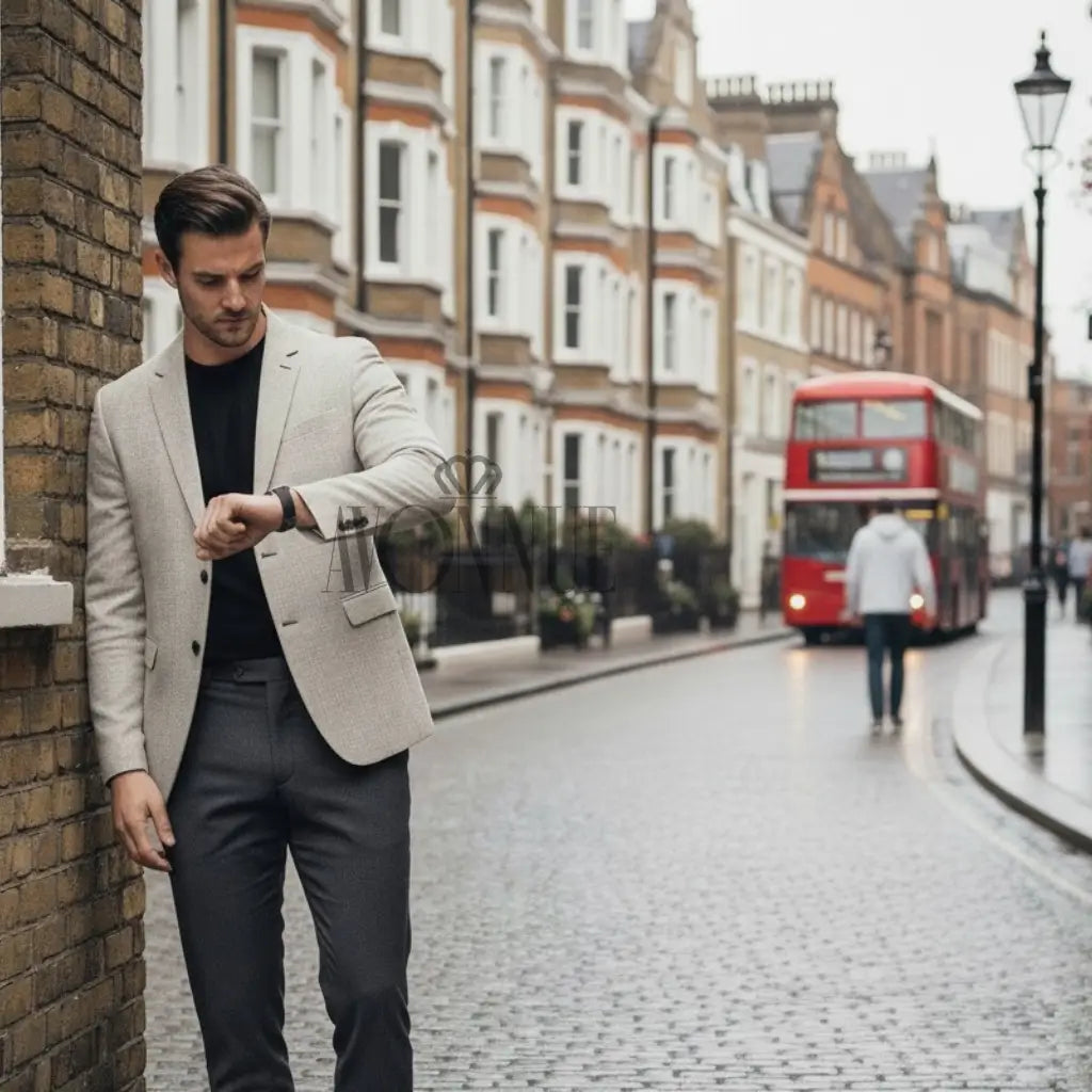Homem de blazer bege claro slim confere o relógio em rua com ônibus vermelho