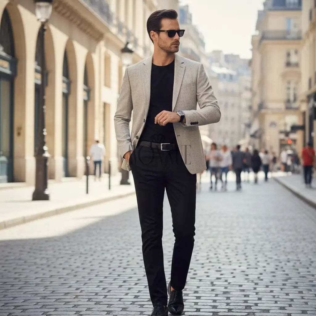 Homem com blazer bege claro slim e calça preta caminhando em rua elegante