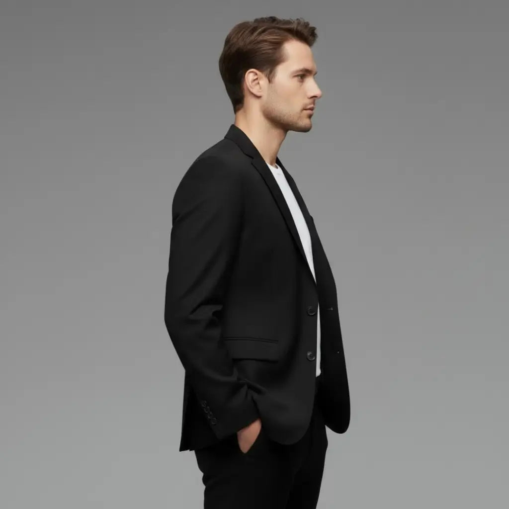 Vista lateral Blazer Masculino Preto Modelo Raven