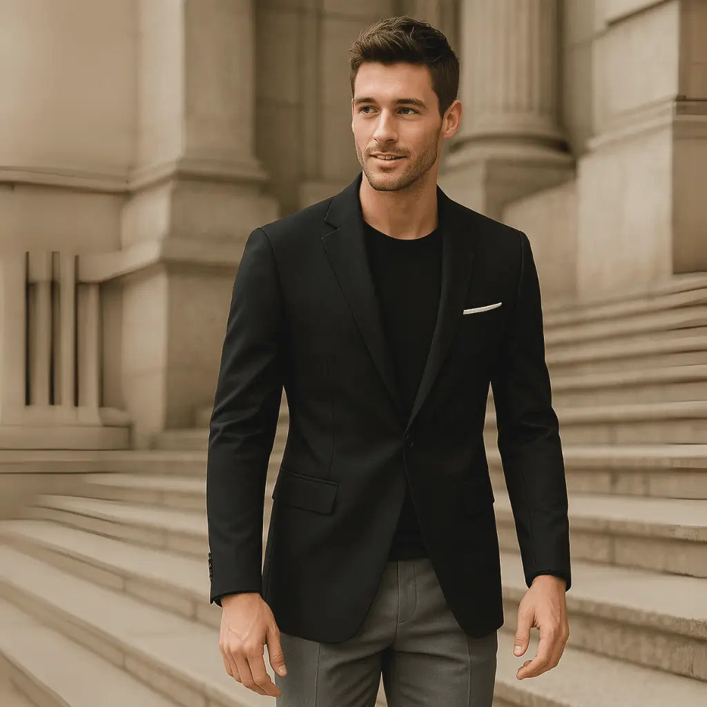 Blazer masculino preto estilo slim fit com dois botões e lapela tradicional.