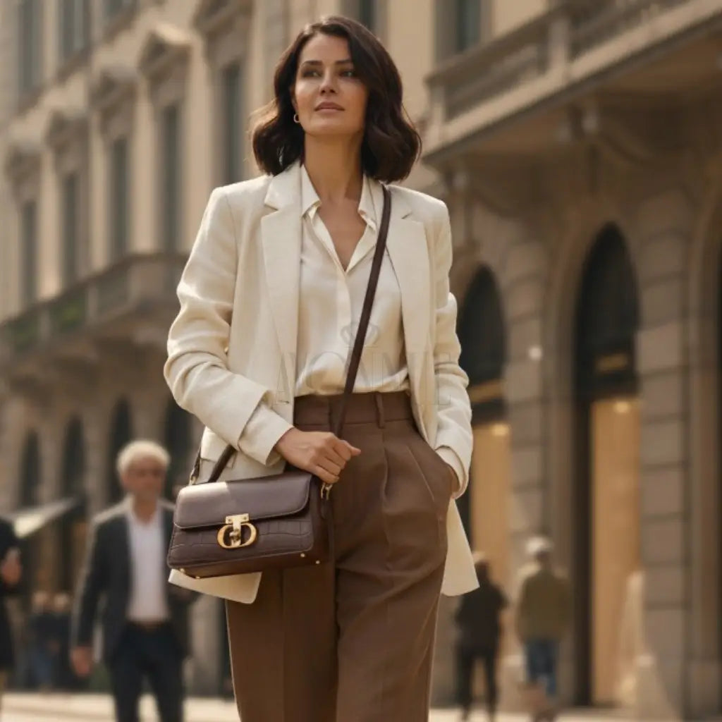 Modelo feminina AVONNUE em look sofisticado com blazer claro, bolsa marrom estruturada de alça tiracolo e fecho dourado elegante