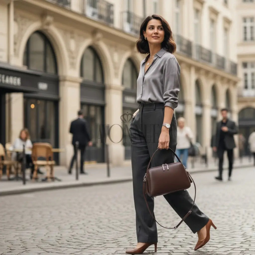 Modelo feminina AVONNUE em camisa cinza e calça escura, segurando bolsa marrom estruturada de mão com sofisticação.