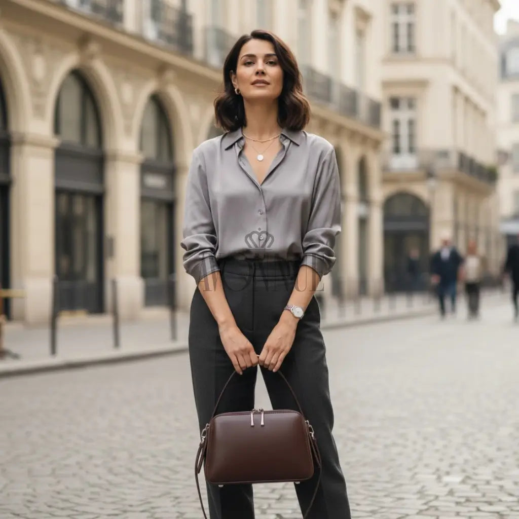 Modelo feminina AVONNUE em look cinza elegante, segurando bolsa marrom estruturada de mão em cenário urbano sofisticado.