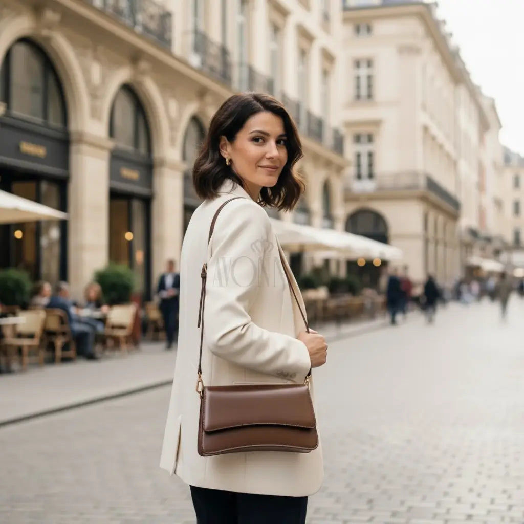 Modelo feminina AVONNUE em blazer claro, bolsa marrom estruturada a tiracolo, cenário urbano sofisticado.