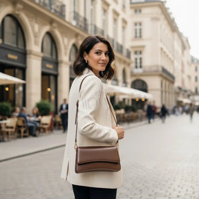 Modelo feminina AVONNUE em blazer claro, bolsa marrom estruturada a tiracolo, cenário urbano sofisticado.