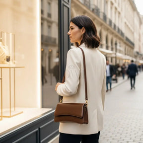 Modelo feminina AVONNUE em blazer claro, bolsa marrom estruturada transversal, caminhando em rua elegante.