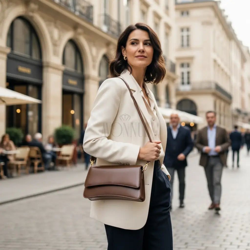 Modelo feminina AVONNUE com blazer claro e bolsa marrom estruturada, em cenário urbano sofisticado e atemporal.