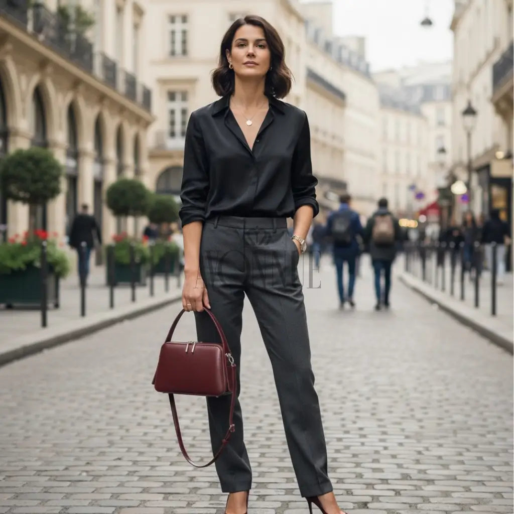 Modelo feminina AVONNUE em look preto refinado, segurando bolsa estruturada vinho em cenário urbano sofisticado.