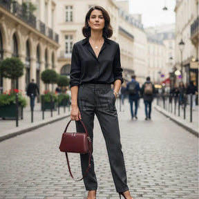 Modelo feminina AVONNUE em look preto refinado, segurando bolsa estruturada vinho em cenário urbano sofisticado.
