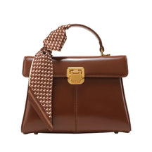 Bolsa feminina marrom estruturada AVONNUE aberta, mostrando interior com divisórias e fecho dourado sofisticado
