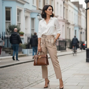 Modelo feminina AVONNUE com blazer claro e calça bege, segurando bolsa marrom estruturada com lenço elegante.