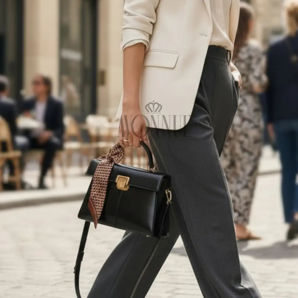 Modelo feminina AVONNUE com bolsa preta estruturada de alça curta e lenço marrom, em cenário urbano sofisticado