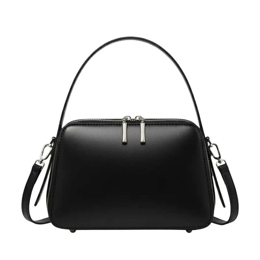 Bolsa feminina preta estruturada AVONNUE com alça de mão e fecho superior prateado, design minimalista e sofisticado