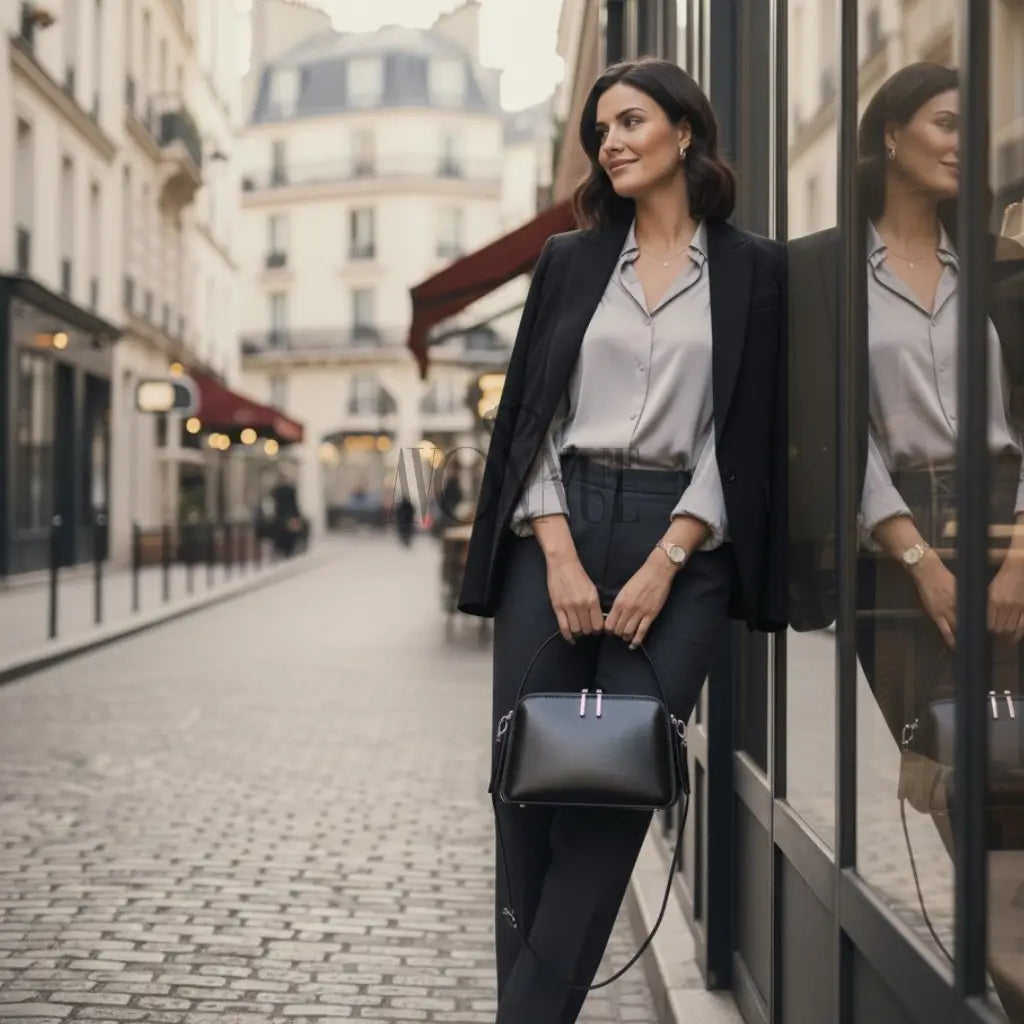 Modelo feminina AVONNUE em look elegante de blazer preto, bolsa preta estruturada de mão, de couro