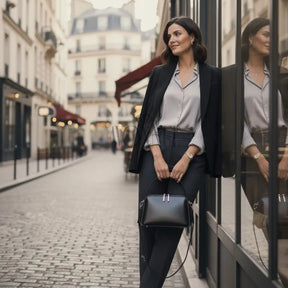 Modelo feminina AVONNUE em look elegante de blazer preto, bolsa preta estruturada de mão, de couro