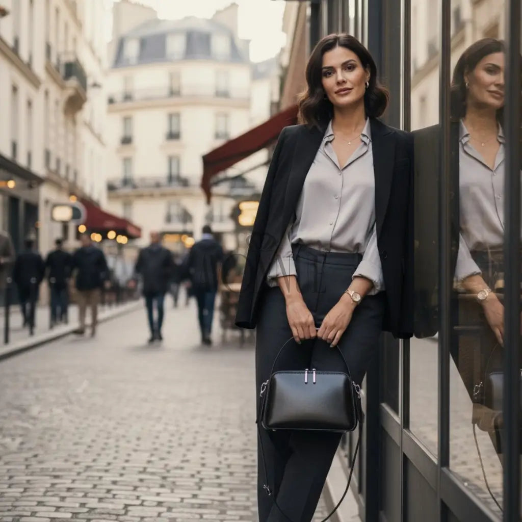 Modelo feminina AVONNUE em look refinado, segurando bolsa preta estruturada em cenário urbano sofisticado.