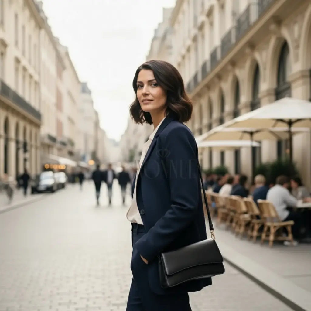 Modelo feminina AVONNUE em terno azul marinho, camisa clara e bolsa preta estruturada, em cenário urbano elegante