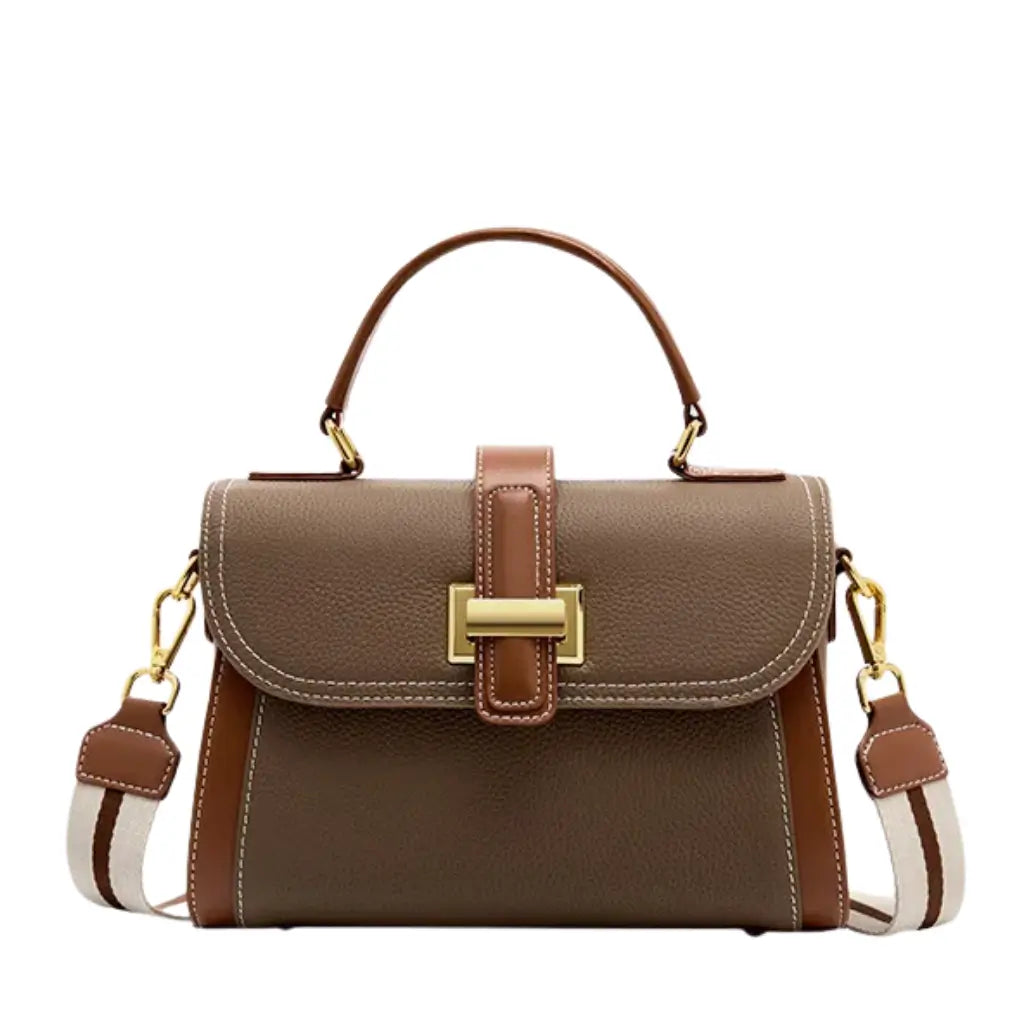 Bolsa feminina estruturada AVONNUE em tom marrom com alça contrastante e fecho dourado elegante.