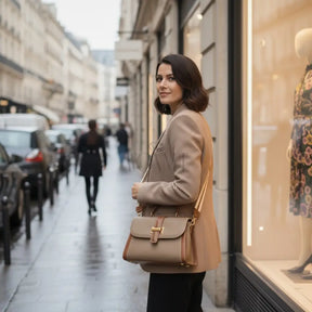 Modelo feminina AVONNUE em blazer neutro, bolsa estruturada marrom sofisticada, em frente a vitrine urbana.
