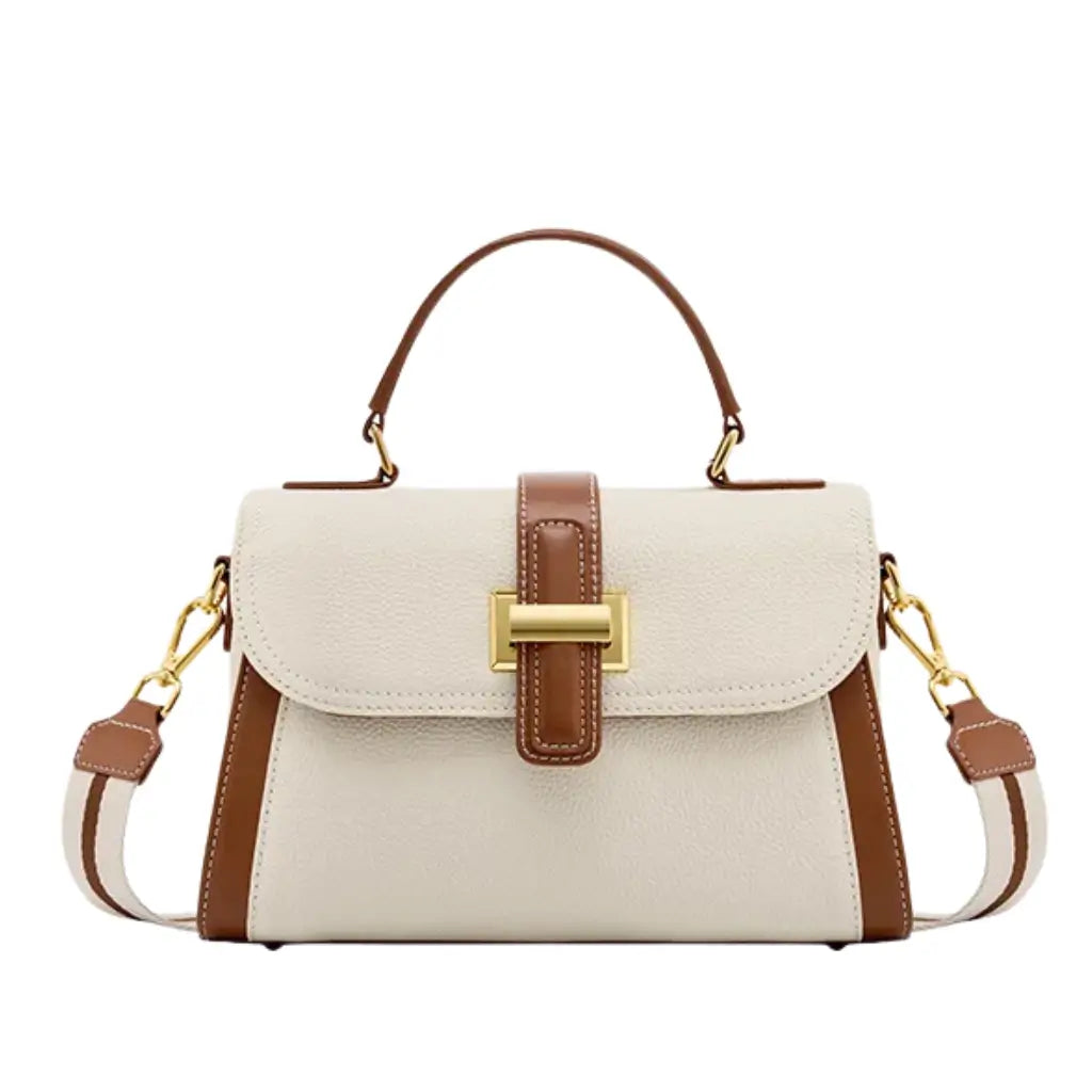 Bolsa feminina estruturada AVONNUE em tom claro com alça marrom e fecho dourado, design sofisticado e atemporal.