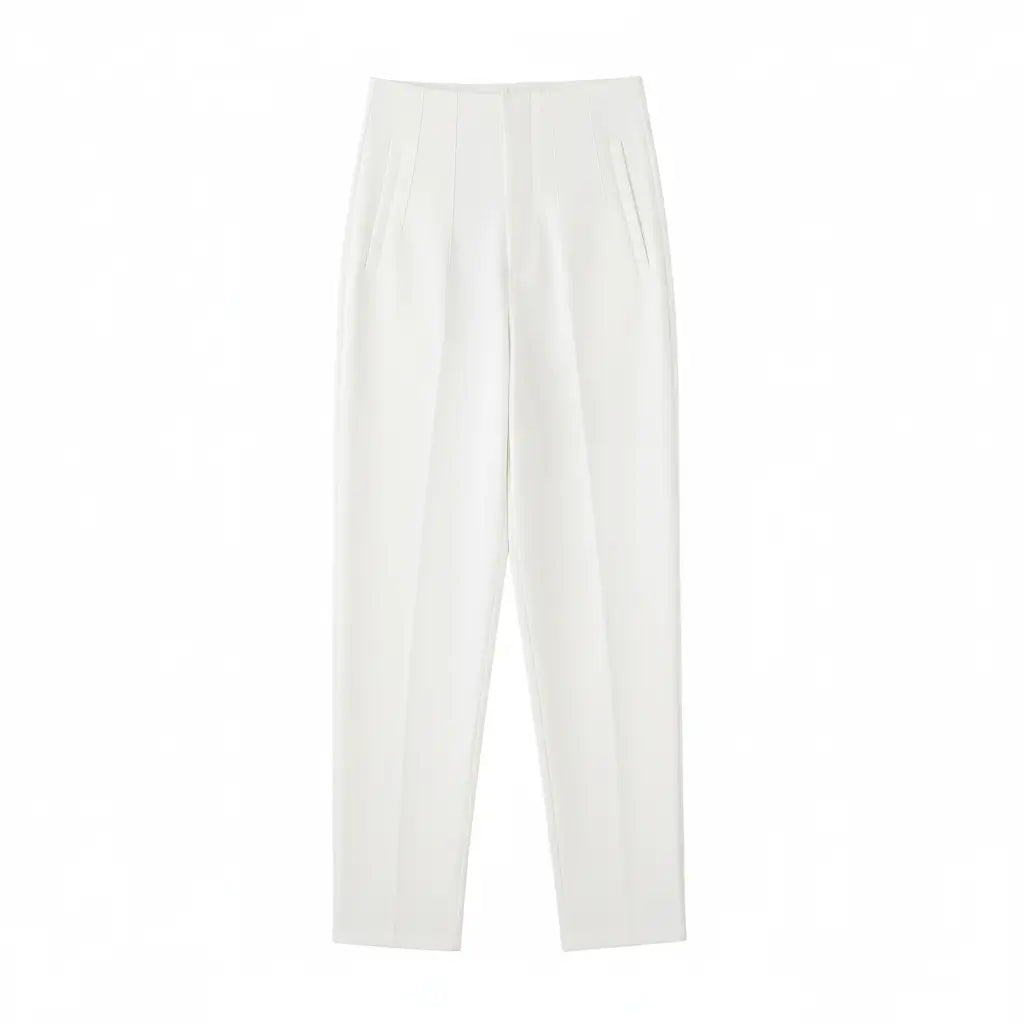 Calça social branca feminina modelo Milano, com caimento reto e cintura alta, vista frontal do produto.