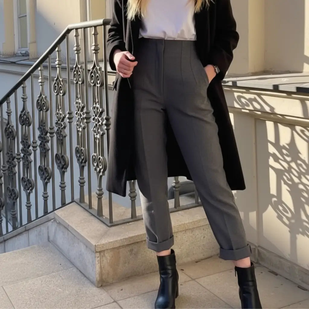 Look casual chic com calça cinza Milano, bota de couro e sobretudo preto, ideal para o outono ou inverno