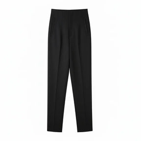 Calça social preta feminina Milano esticada em fundo branco com bolsos faca e corte alfaiataria