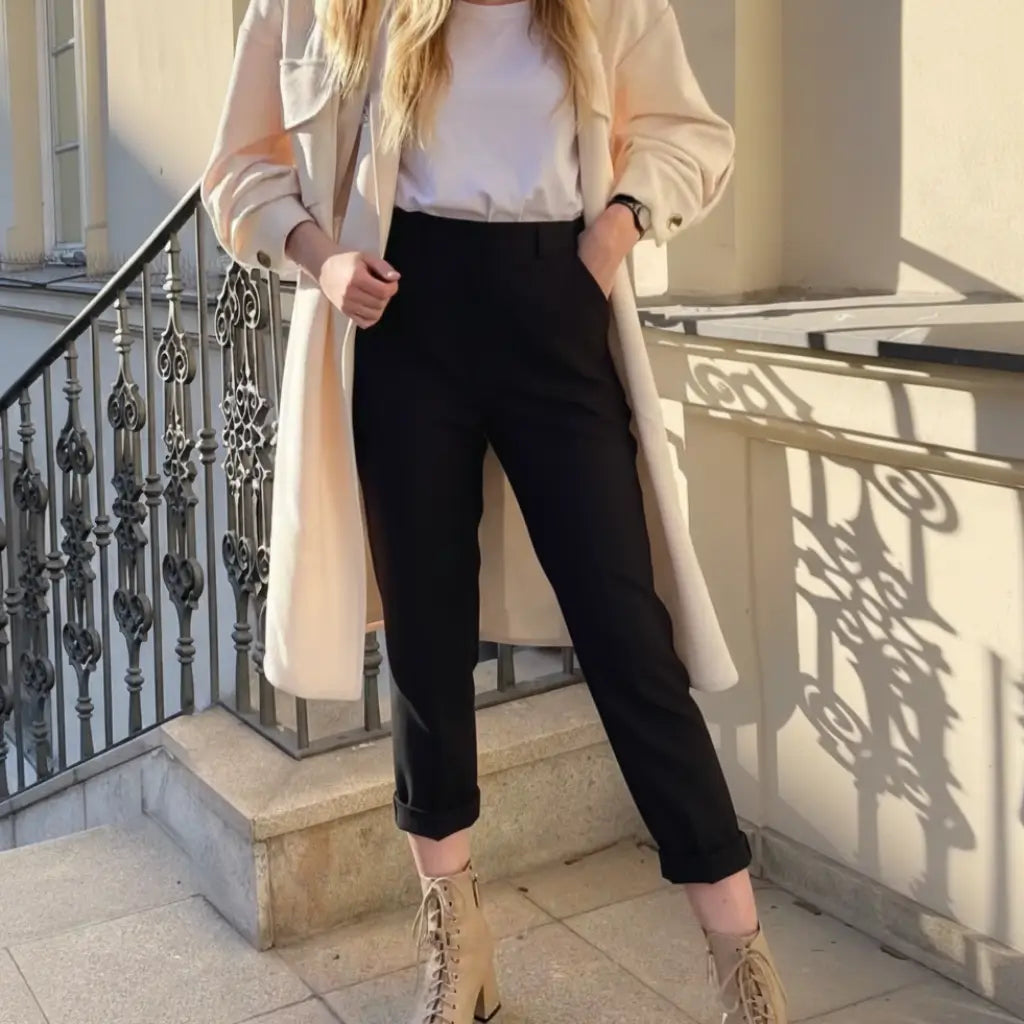 Mulher usando calça social preta Milano com trench coat claro e bota bege, look casual elegante