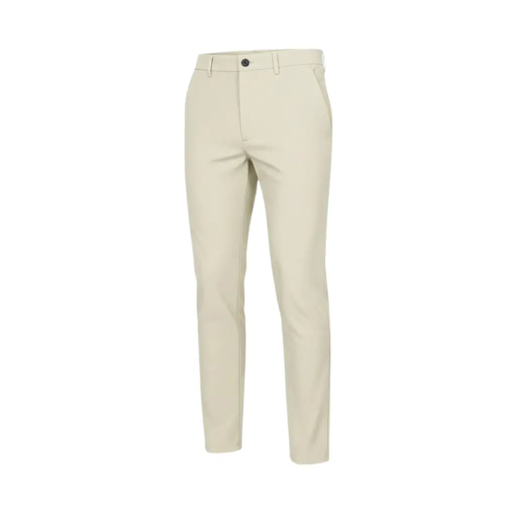 Calça social masculina slim bege com corte reto, vista frontal do produto.