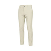 Calça social masculina slim bege com corte reto, vista frontal do produto.