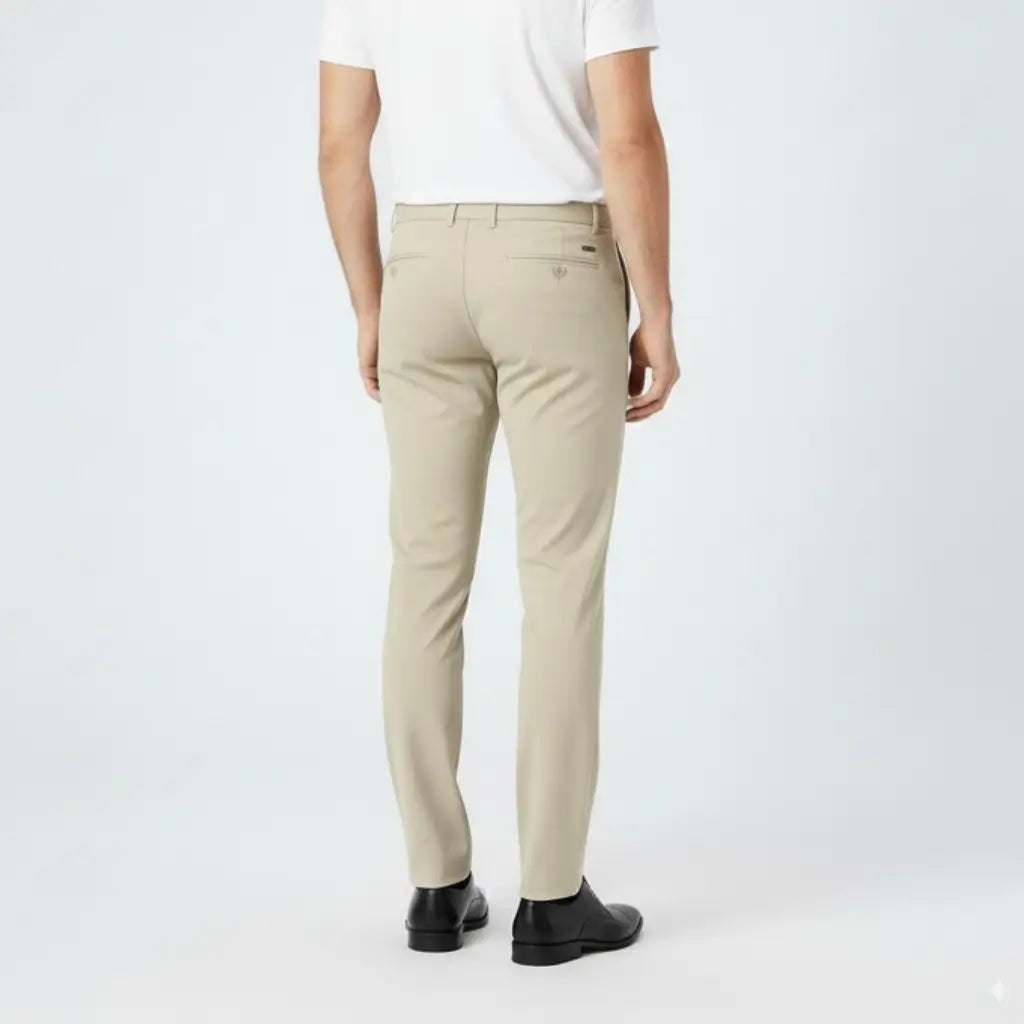 Calça social slim bege masculina vista de costas com camisa branca, caimento ajustado e elegante