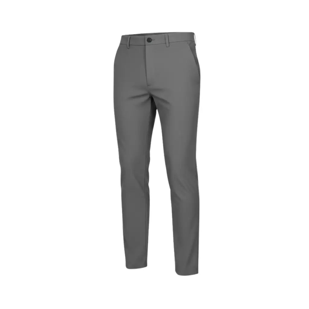 Calça social masculina slim cinza em fundo branco, com destaque para o corte reto e moderno.