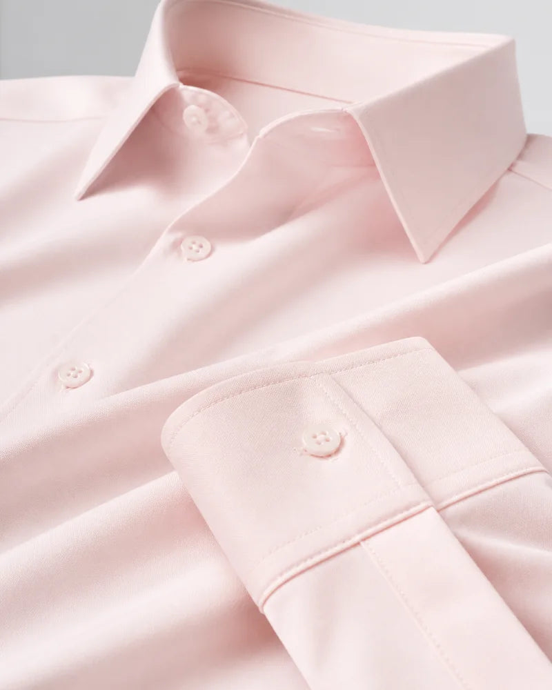 Camisa Social Masculina Tech Matteo Rosa em close, com destaque para a gola, os botões, o punho e a textura lisa do tecido.