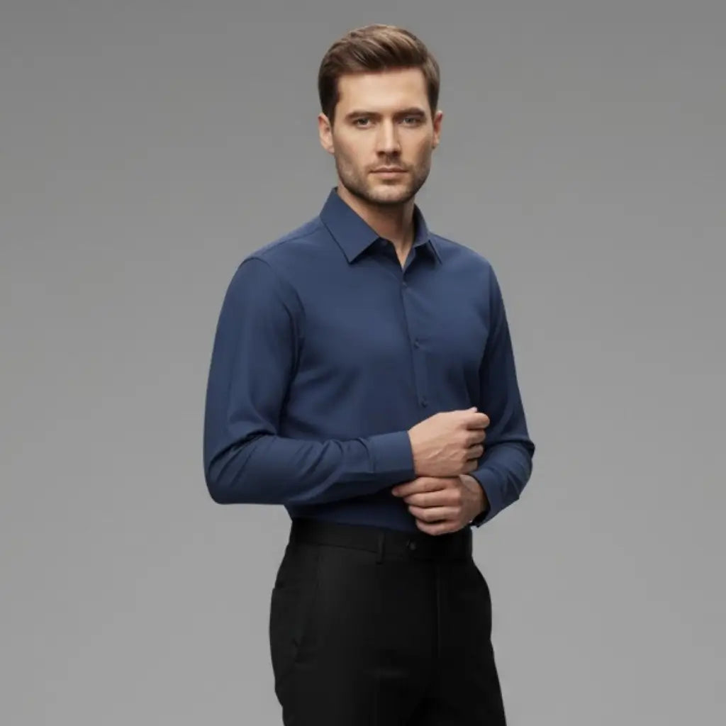 Modelo vestindo a Camisa Social Masculina Azul 
