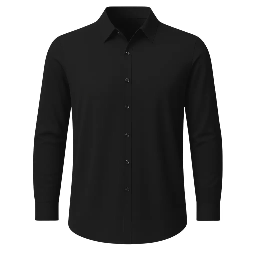 Camisa social masculina manga longa Preta, proporção ajustada em cenário editorial AVONNUE