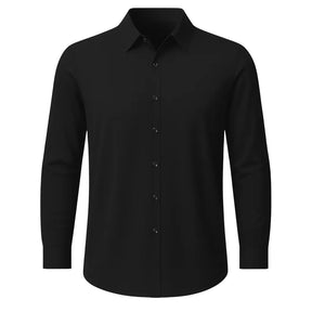 Camisa social masculina manga longa Preta, proporção ajustada em cenário editorial AVONNUE