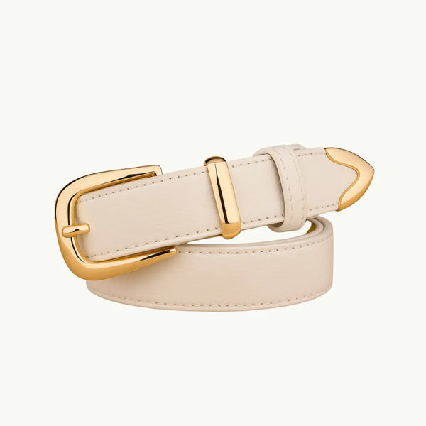 Cinto feminino branco com fivela dourada polida, modelo Elise da AVONNUE.
