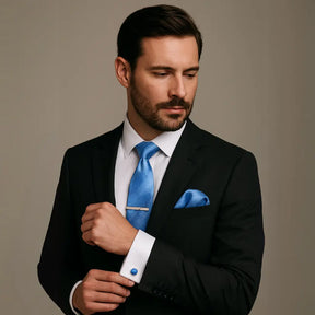Gravata masculina azul claro com textura lisa e abotoaduras 